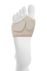 Detailed shot of a cushion pad on forefoot for relief from metatarsal and foot pain, for running and walking. The beige foot protector with suede linings is fixed on a white leg dummy. 