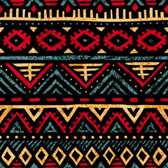 Seamless vintage pattern. Grungy texture. Ethnic and tribal motifs. Blue, yellow, red and purple colors. Vector illustration.