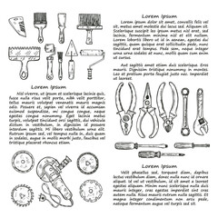 House repair tools including: spatula, brush, screw, wrench  and other tools. Hand drawn vector collection