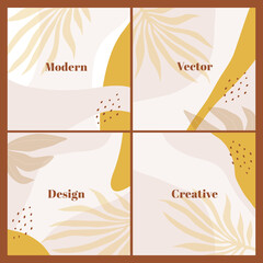 Fototapeta na wymiar Stylish set of square templates with abstract shapes and hand draw leaves in pastel colors. Neutral background in boho style. Vector Illustration