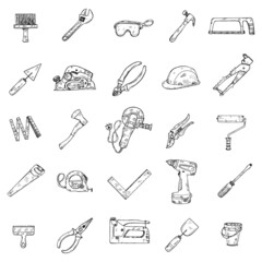 Icons of house repair tools including: hammer, spatula, brush, wrench  and other tools. Hand drawn vector collection