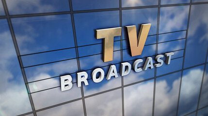 TV broadcast glass mirrored building with mirrored sky 3d illustration