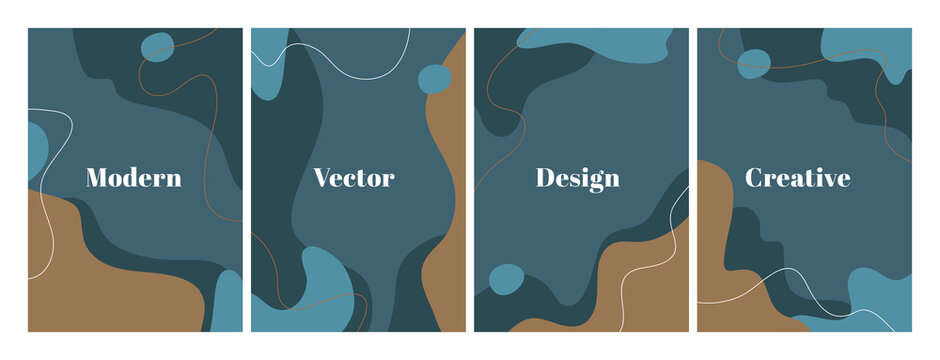 Set of stylish templates with organic abstract shapes and line in dark blue colors. Modern background in minimalist style. Contemporary vector Illustration