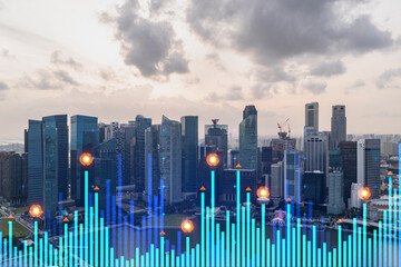 Fototapeta na wymiar Market behavior graph hologram, sunset panoramic city view of Singapore, popular location to achieve financial degree in Asia. The concept of financial data analysis. Double exposure.