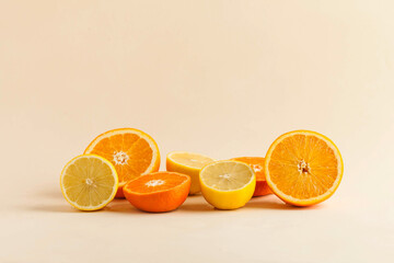 Juicy citrus fruits such as lemon, orange, tangerine. Vitamins, food to strengthen the immune system. Copy space.