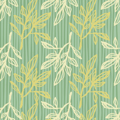 Naklejka na ściany i meble Light and yellow outline branch silhouettes seamless pattern. Doodle botanic ornament with green stripped background.