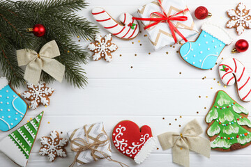 christmas cookies and christmas accessories top view. New year or christmas background with place for text
