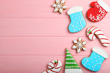 christmas cookies and christmas accessories top view. New year or christmas background with place for text
