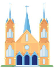 Catholic church with three towers. Object of architecture in cartoon style.