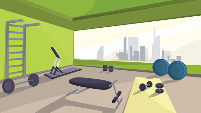 Gym with fitness equipment. Sports hall Interior.