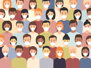Group of multicultural men and women wearing medical masks. Disease, flu, contaminated air, world pollution, pandemic concept set. Vector illustration in a flat style. Coronavirus pandemic.