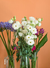 Beautiful white, pink and purple flowers bouquet in transparent vases on cantaloupe orange background. Trendy design background with floral decor