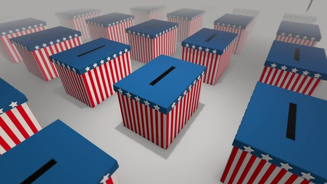 USA General Election - votes being cast by mail to stars and stripes themed ballot boxes- 3D rendered animation