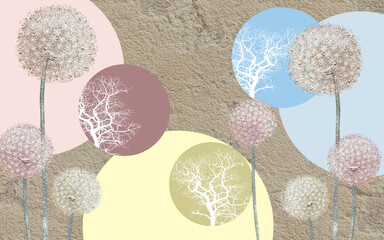 Fototapety  Abstract 3d illustration with beige textured background, multicolored circles and large multicolored dandelions