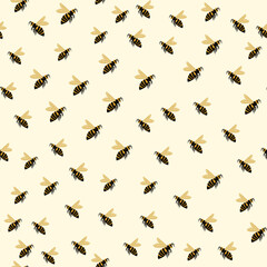 Isolated doodle seamless pattern with black and yellow bees ornament. Hand drawn insect elements on white background.
