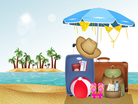 illustration of objects and luggage for vacation