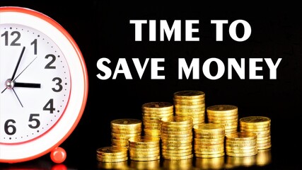 Time to save money-text label. It is reasonable to look for benefits, effectively plan their financial management and avoid costs. Correctly achieve your goals.