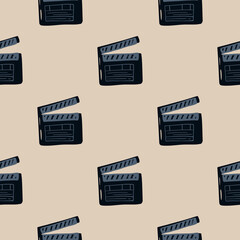 Doodle clapperboard seamless pattern. Simple cimema style print in dark tones on light beige background.