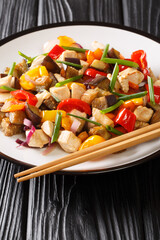 Asian stir fry chicken with eggplant, pepper and onion close-up in a plate on the table. vertical