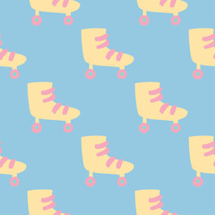 Minimalistic simple seamless pattern with doodle roller ornament. Sport style print with yellow shoes shapes on blue background.