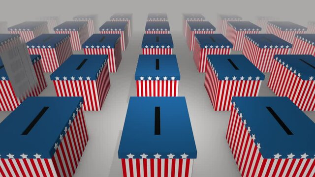 USA General Election - votes being cast by mail into array of ballot boxes - 3D rendered animation