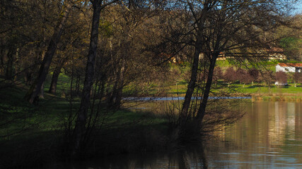 Fototapeta na wymiar Sentier de promenade le long d'un étang, dans le Gers