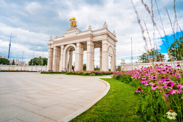 Moscow / Russia - 19 Aug 2020: Panorama of VDNH public space in Moscow, beautiful buildings, tourist season