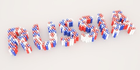 RUSSIA text made with many batteries. Electrical technologies related 3d rendering