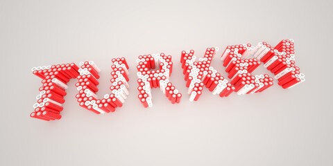 TURKEY word made with batteries, wide shot. Modern electrical technologies conceptual 3d rendering