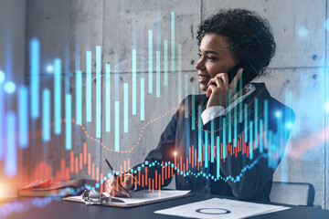 Businesswoman speaks phone and stock market financial chart hologram. Double exposure. Online...