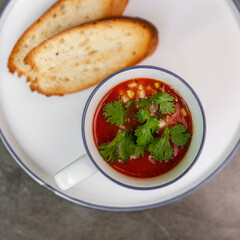 borsch with croutons. Russian traditional cuisine.
