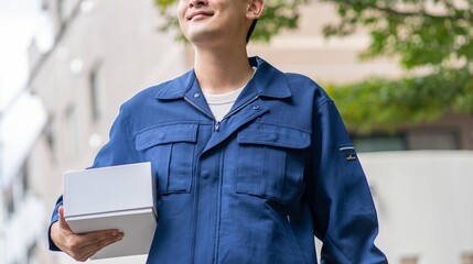 荷物を配送するアジア人男性　ポートレート