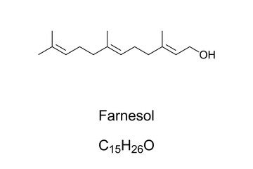 Farnesol, chemical structure. Present in many essential oils such as citronella, neroli, rose and lemon grass. Used in perfumery to emphasize the odors of sweet floral perfumes. Illustration. Vector.