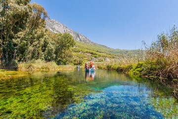 Taking tour on Azmak Stream in Akyaka Village. Akyaka is popular tourist destination in Turkey.