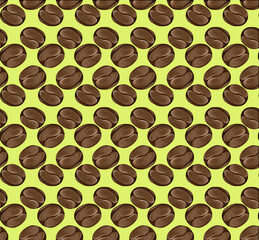 Ripe coffee grains seamless pattern on a yellow background.