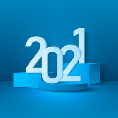 Happy New Year 2021. Abstract numbers on pedestals of round and square shapes on a blue background. Vector illustration.