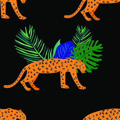 Beautiful seamless vector floral summer pattern background with tropical palm leaves, leopard. Perfect for wallpapers, web page backgrounds, surface textures, textile.