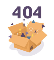 Error 404. Cardboard box with memphis-style figures. Vector illustration of web error in flat style.