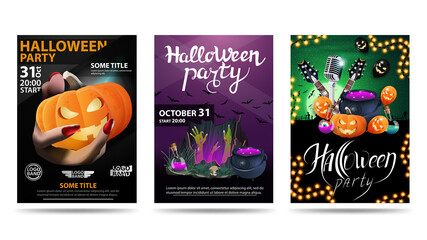 Set of Halloween party posters with Halloween elements isolated on white background. Black, purple and green party posters