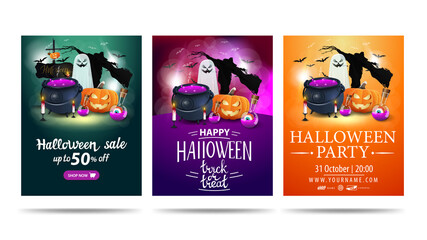 Halloween discount vertical banner, greeting vertical postcard and poster for Halloween party isolated on white background with Halloween elements