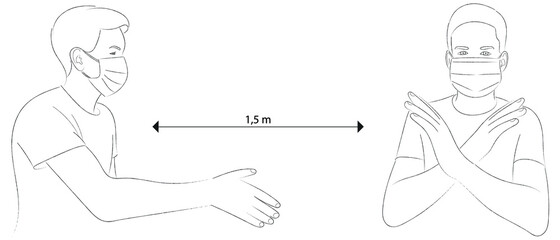 Sketch of two guys in mask, one guy gives his hand for a greeting and the other shows his hands stop