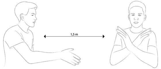 Sketch of two guys, one guy gives his hand for a greeting and the other shows his hands stop