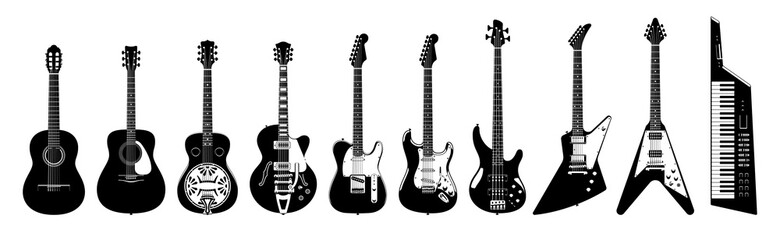 Guitar set. Acoustic & electric guitars on white background. Vector monochrome illustration. Musical Instruments. - obrazy, fototapety, plakaty