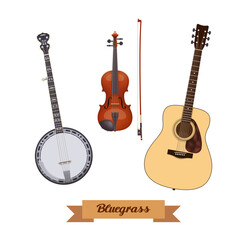 Guitar set. Realistic bluegrass instruments on white background. Violin, banjo & guitar. Vector illustration