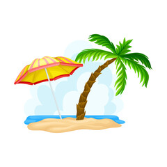 Palm Trees Growing on California Sea Shore and Beach Umbrella Vector Illustration