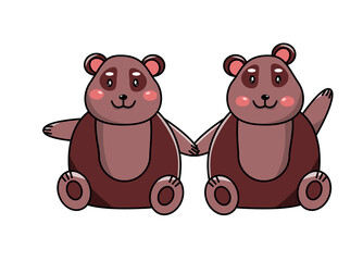 Vector character. Illustration of animals. Two bears are sitting side by side and waving their paws