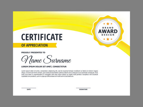 Abstract Smooth Fresh Yellow Certificate Design, Professional Modern Certificate with Blurry Yellow and White Curvy Background Template Vector