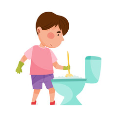 Cute Boy Engaged in Washing Toilet Bowl Vector Illustration