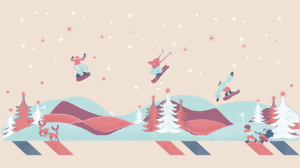 Vector illustration of ski resort winter wonderland in retro pink and green background. A cute ski mountain with skier,snow,pine tree and antilope or deer. Winter landscape.