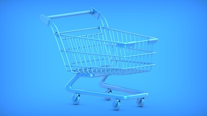 3D rendering illustration of a Blue Shopping Cart Trolley on a blue background.